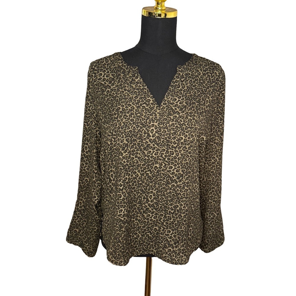 Michael Kors Blouse Women Small Olive Leopard Grommet Tie Sleeve